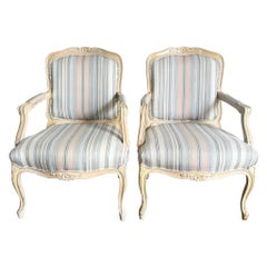 Vintage French Provincial Blonde With Blue and Pink Striped Fabric Arm Chairs - a Pair