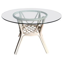 Mesa de comedor Boho Chic de ratán beige con tapa circular de cristal