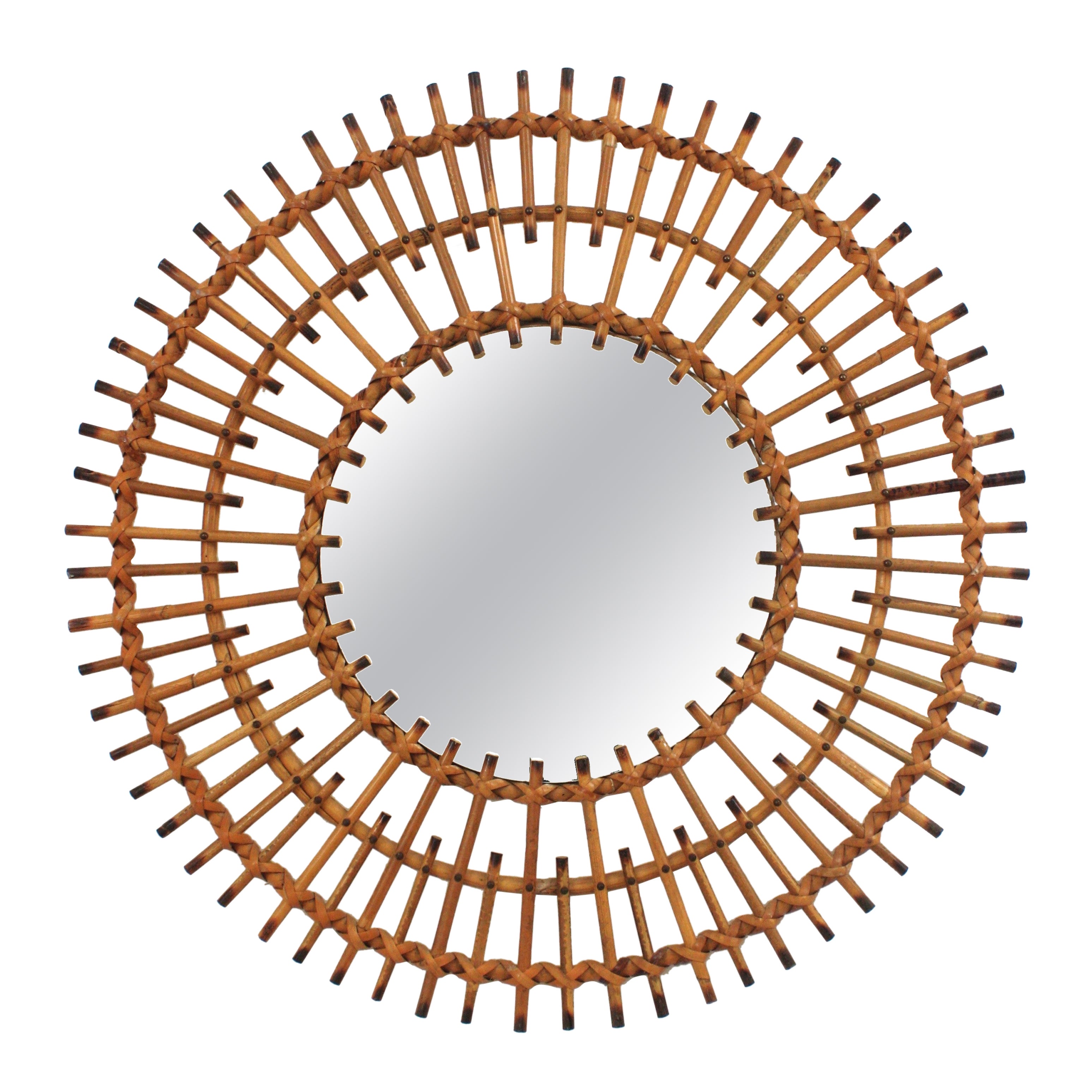 Französischer Rattan-Sunburst-Spiegel mit doppellagigem Rahmen