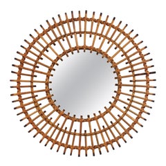 Französischer Rattan-Sunburst-Spiegel mit doppellagigem Rahmen
