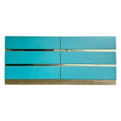 Vintage Postmodern Teal Laminate Dresser With Gold Accents - 6 Drawers