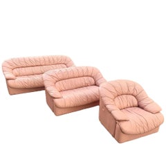 Art Deco Pink Leather Sofa, Love Seat and Lounge Chair Set - 3 Pieces