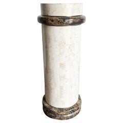 Postmodern Polished Tessellated Beige and Brown Stone Pedestal With Brass Inlay