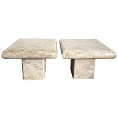 Postmodern Polished Tessellated Stone/Shell Square Top Mushroom Side Tables