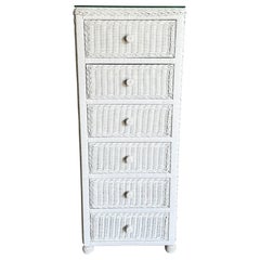 Vintage Coastal White Wicker Highboy Dresser/Lingerie Armoire