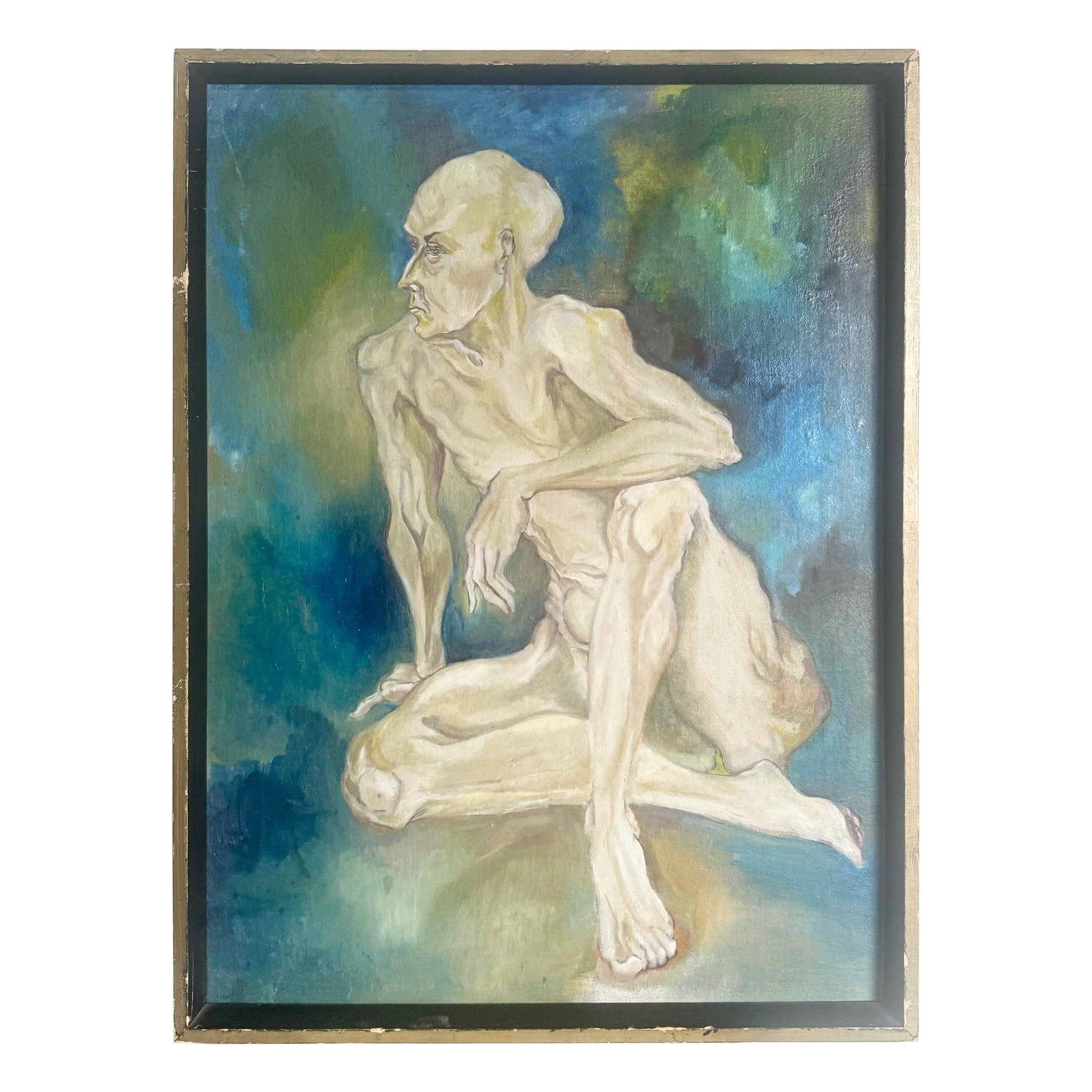 Quadro originale incorniciato di un uomo nudo seduto