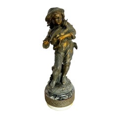 Vintage Bronze Sculpture of Boy on Marble Base