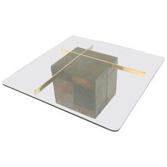 Italian design coffee table by Artedi with natural stone base and glass top