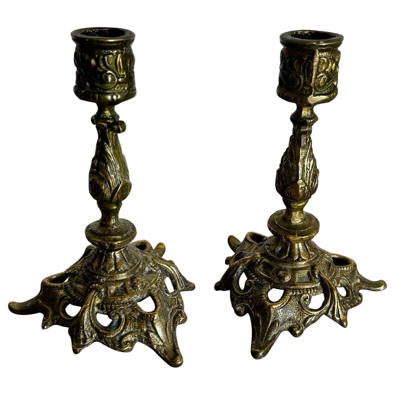 Vintage Sculpted Brass Candlestick Holders - a Pair