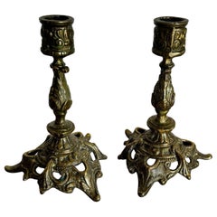 Vintage Sculpted Brass Candlestick Holders - a Pair