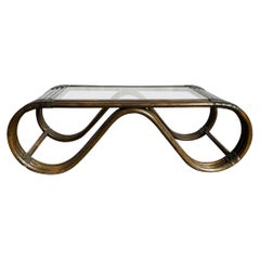 Boho Chic Rattan and Leather Weave Sculpted Coffee Table