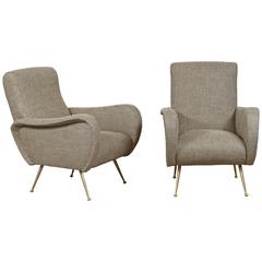 Pair of Italian Lounge Chairs in Hounds Tooth Belgian Linen