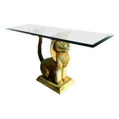 Vintage Chinoiserie Harz Foo Hund Glasplatte Konsolentisch