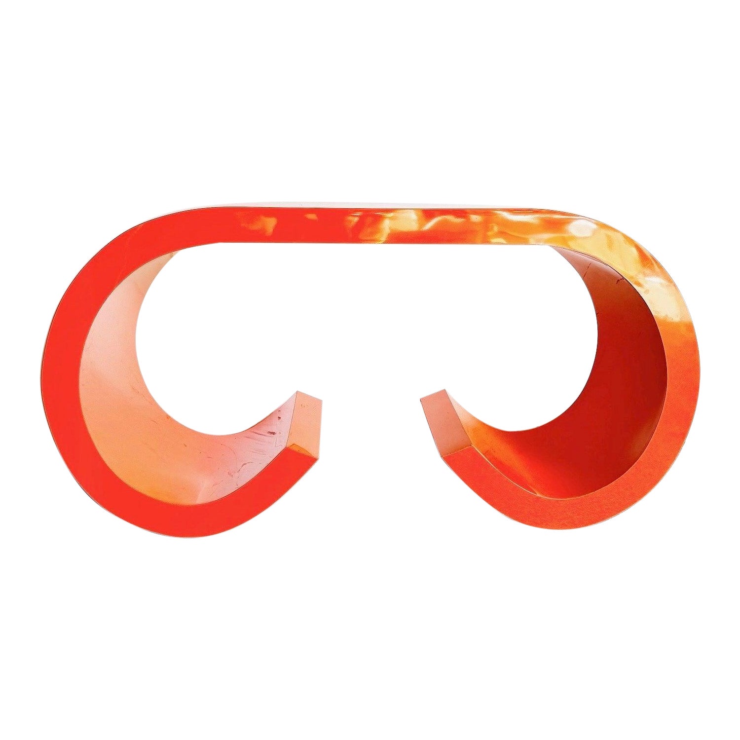 Postmodern Orange Lacquer Laminate Scroll Waterfall Console Table For Sale