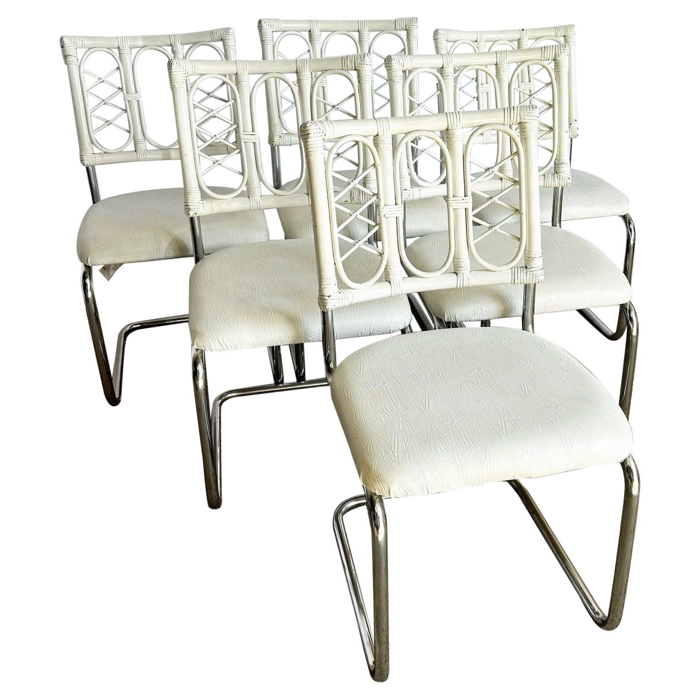 Boho Modern White Rattan and Chrome Cantilever Dining Chairs - Set of 6