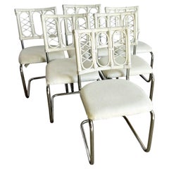 Vintage Boho Modern White Rattan and Chrome Cantilever Dining Chairs - Set of 6