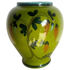 Jarrón vintage italiano de porcelana verde pintado a mano