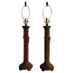 Pareja de lámparas de mesa de bambú tropicales boho