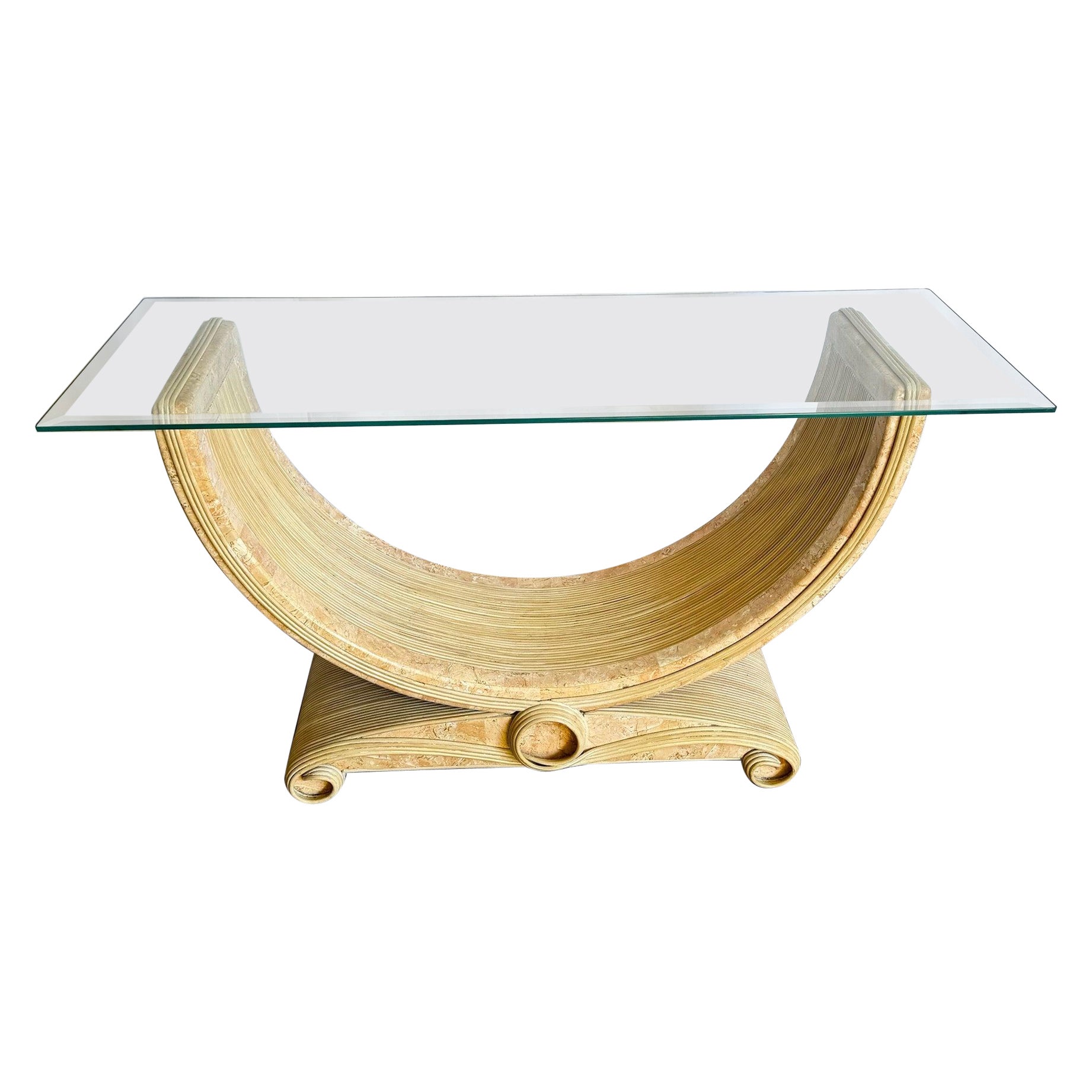 Boho Chic Pink Tessellated Stone and Pencil Reed Ribbon Glass Top Console Table