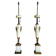 Antique French Opaline White Glass and Gold Lamps - a Pair