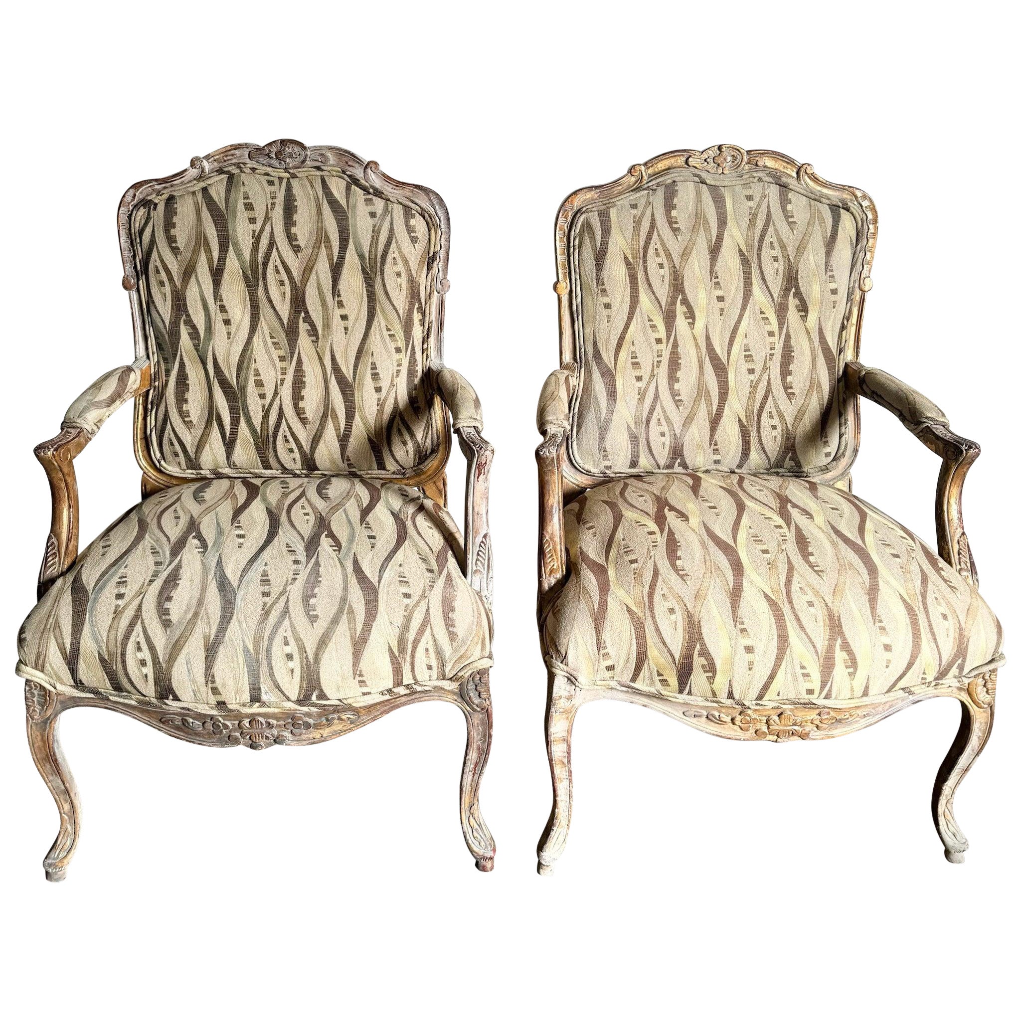 French Provincial Hand Carved Lounge Chairs - a Pair