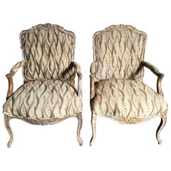 French Provincial Hand Carved Lounge Chairs - a Pair