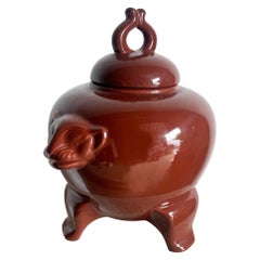 Vintage Oxblood Red Panther Face Ginger Jar by Jaru