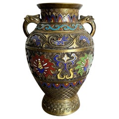Antique Japanese Brass Enameled Chapleve Vase