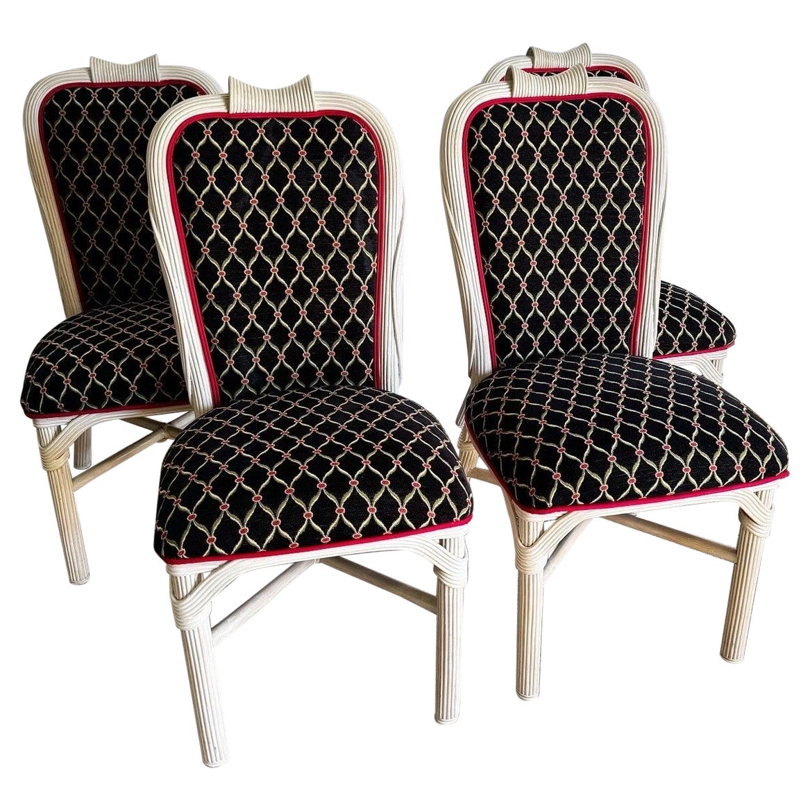 Coastal Sculpted White Washed Pencil Reed Dining Chairs - Set of 4