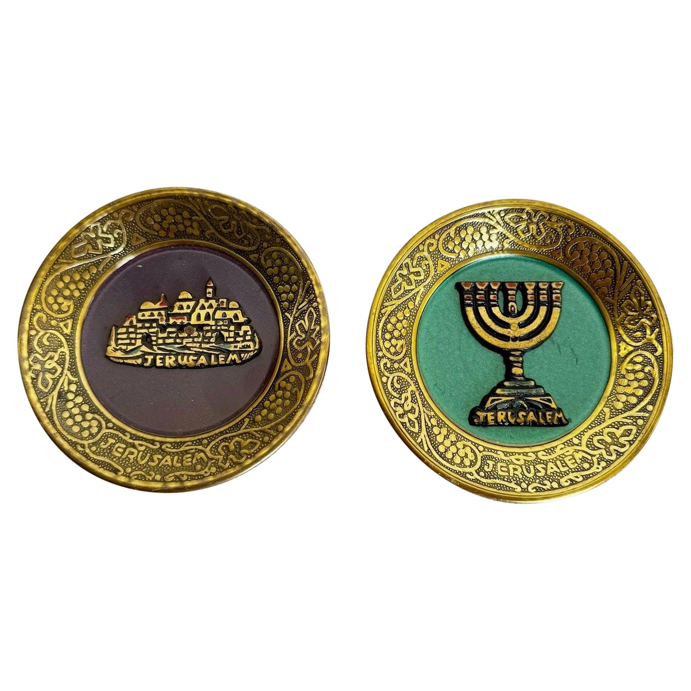 Vintage Israelis Brass Enameled Decorative Jerusalem and Menorah Plates Set of 2