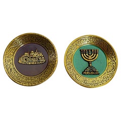 Vintage Israelis Brass Enameled Decorative Jerusalem and Menorah Plates Set of 2