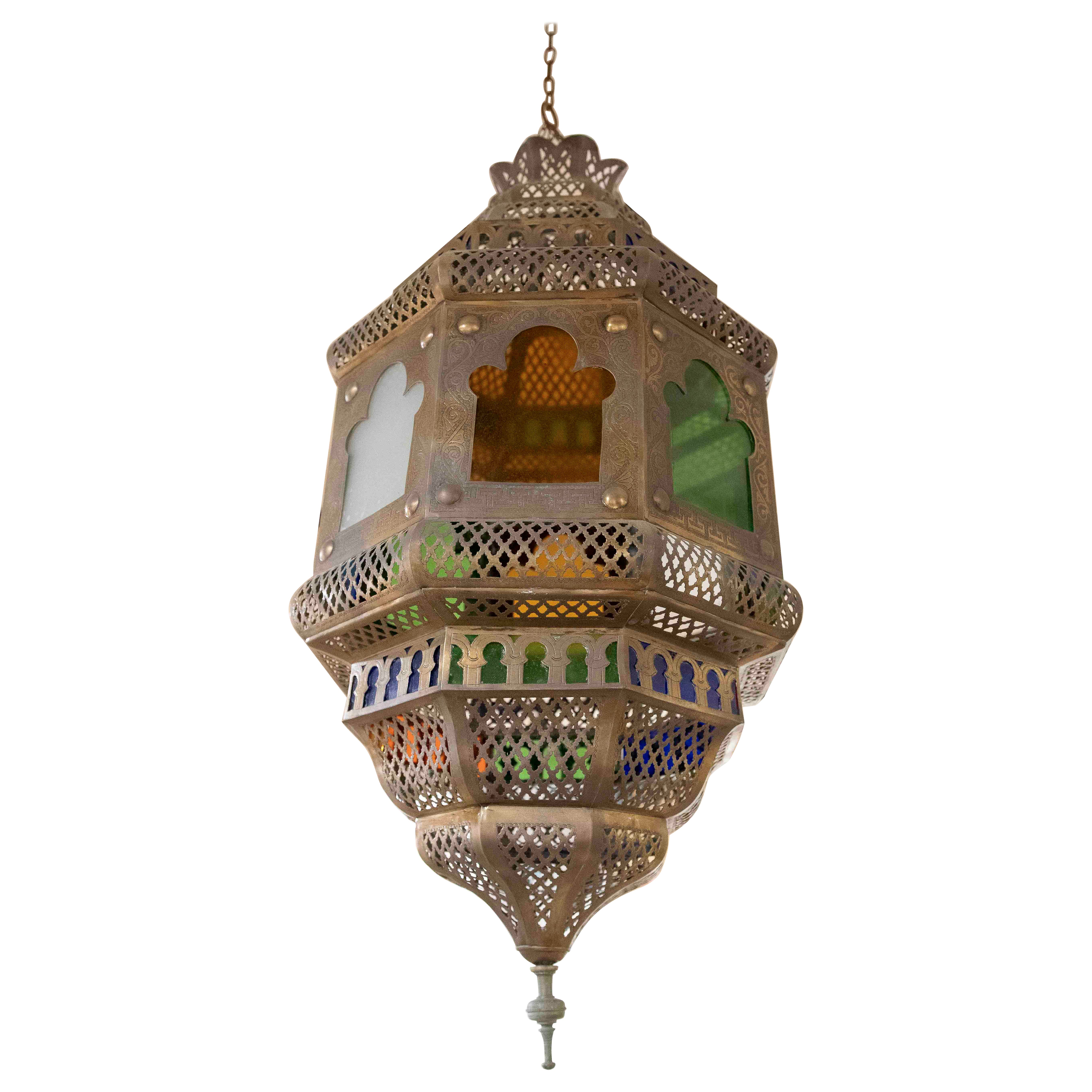 1990s Moroccan Pendant Ceiling Lamp in brass and Polychrome Glass