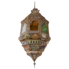 1990s Moroccan Pendant Ceiling Lamp in brass and Polychrome Glass