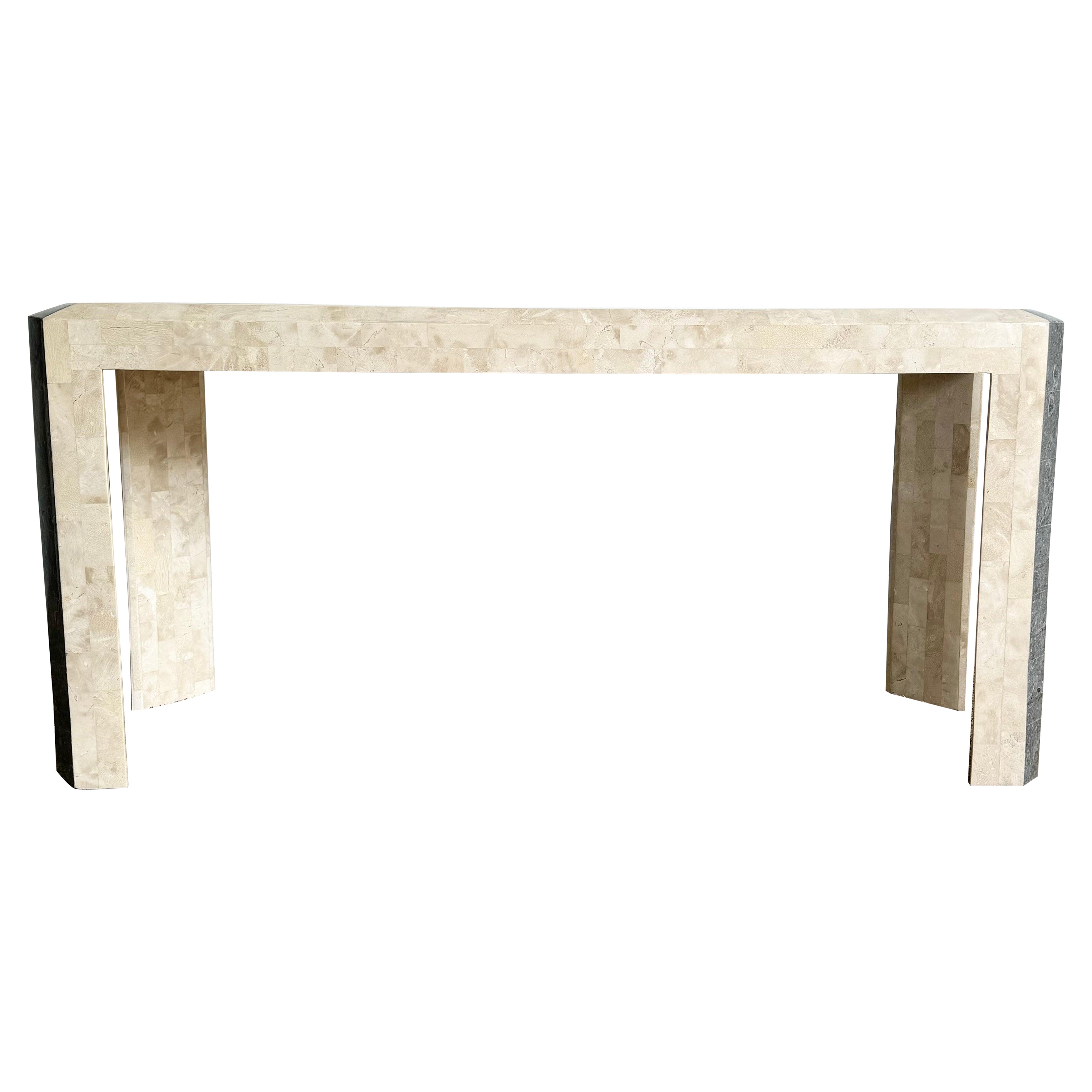 Postmodern Polished Tessellated Stone/Shell Console Table With Brass Inlay