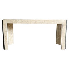 Postmodern Polished Tessellated Stone/Shell Console Table With Brass Inlay