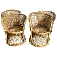 Boho Chic Buri Rattan Wicker Circular Dining Arm Chairs - Set of 4