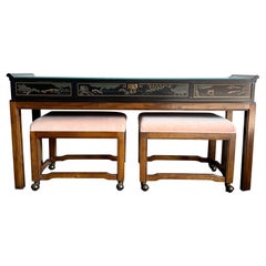 Vintage Chinoiserie Painted Console Table W/ Nesting Stools by Drexel 3 Pieces