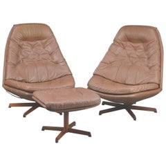 Pair of Madsen & Schubell Swivel Chairs with Matching Ottoman