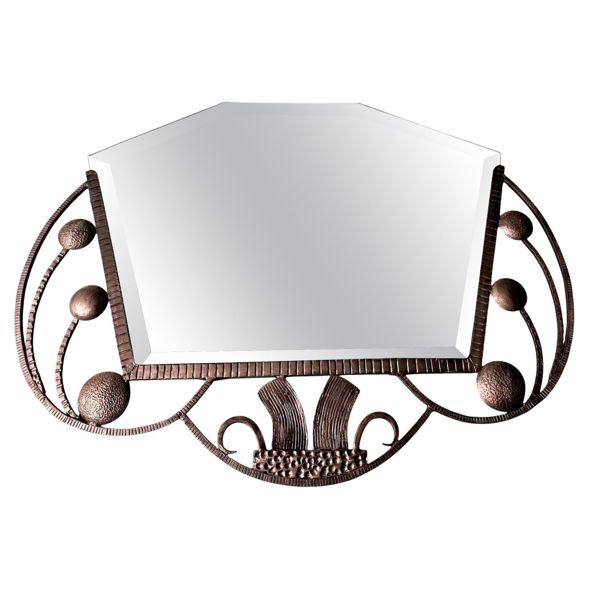 Miroir en fer forgé Art nouveau français avec verre biseauté