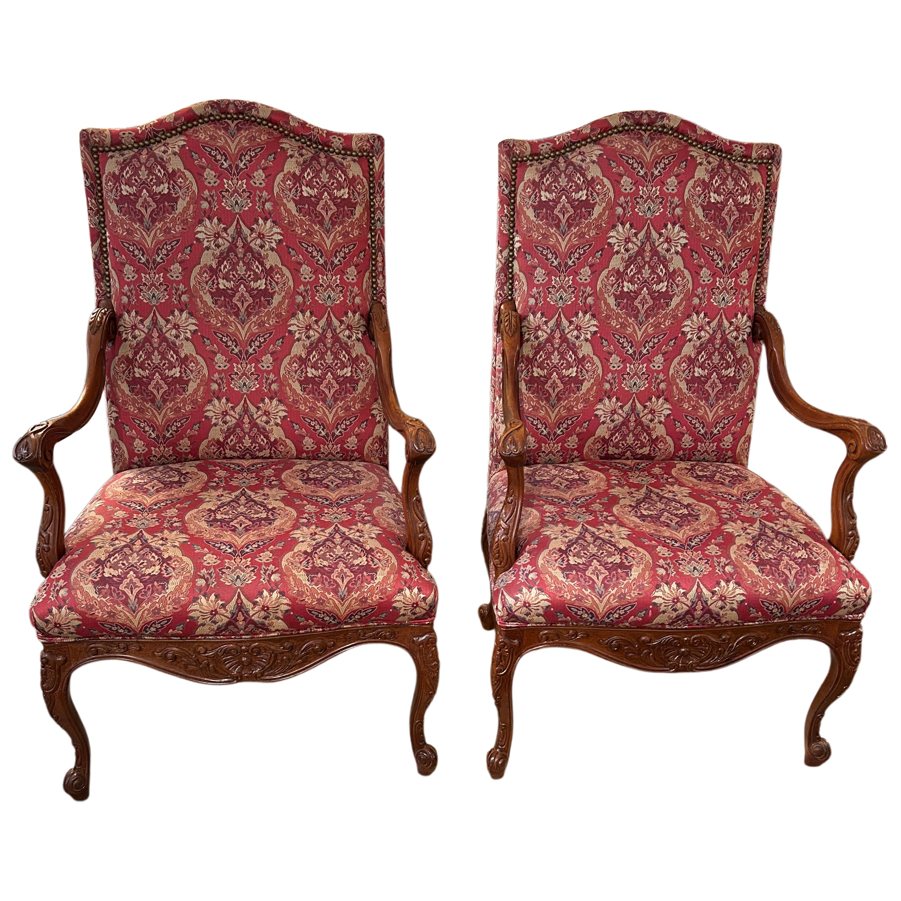 Sumptuous Pair of French Style Carved Wood & Upholstered Armchairs