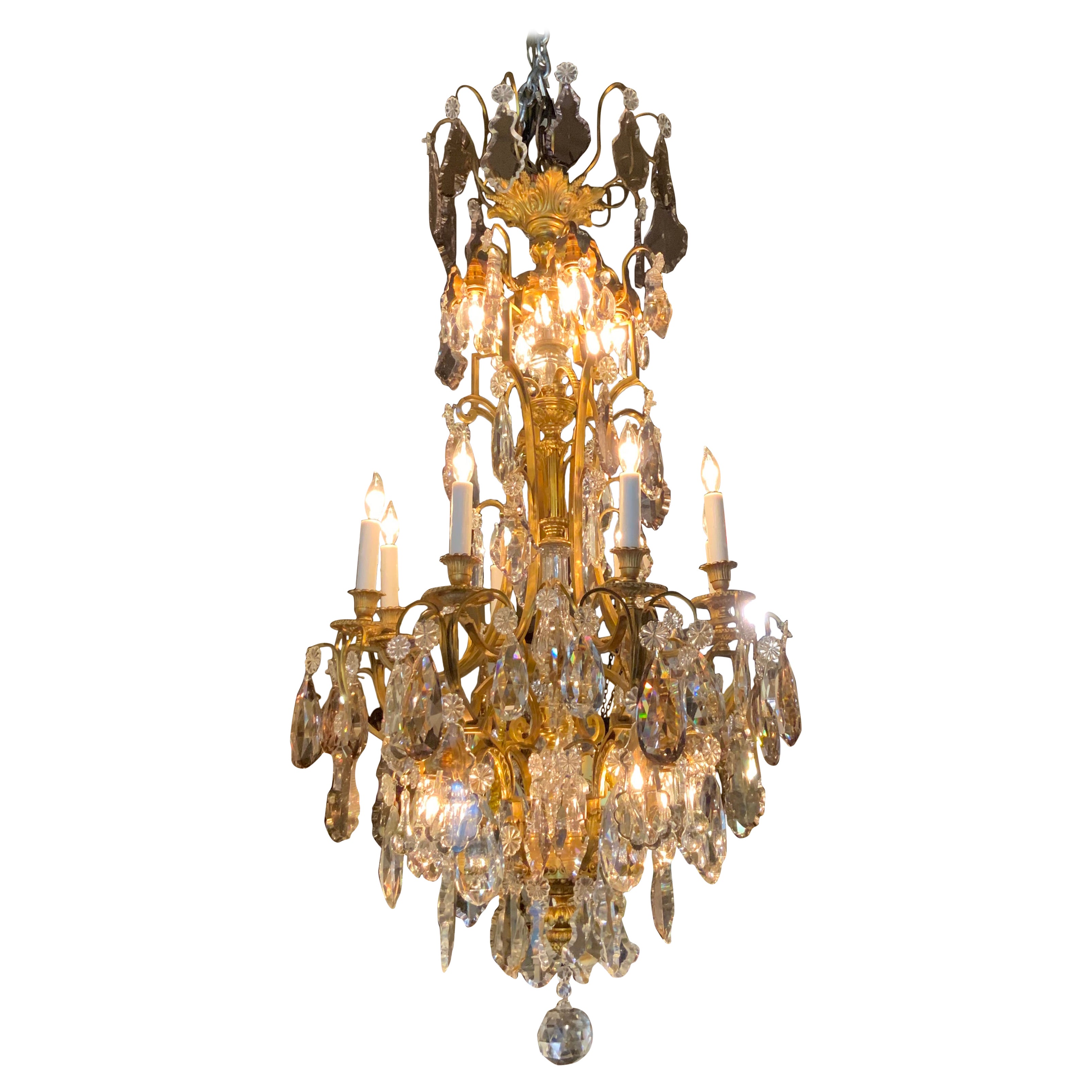 Large bronze and crystal chandelier with sixteen lights For Sale