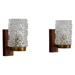 Schwedischer Designer, Wandleuchten, Messing, Teakholz, Glas, Schweden, 1950er Jahre