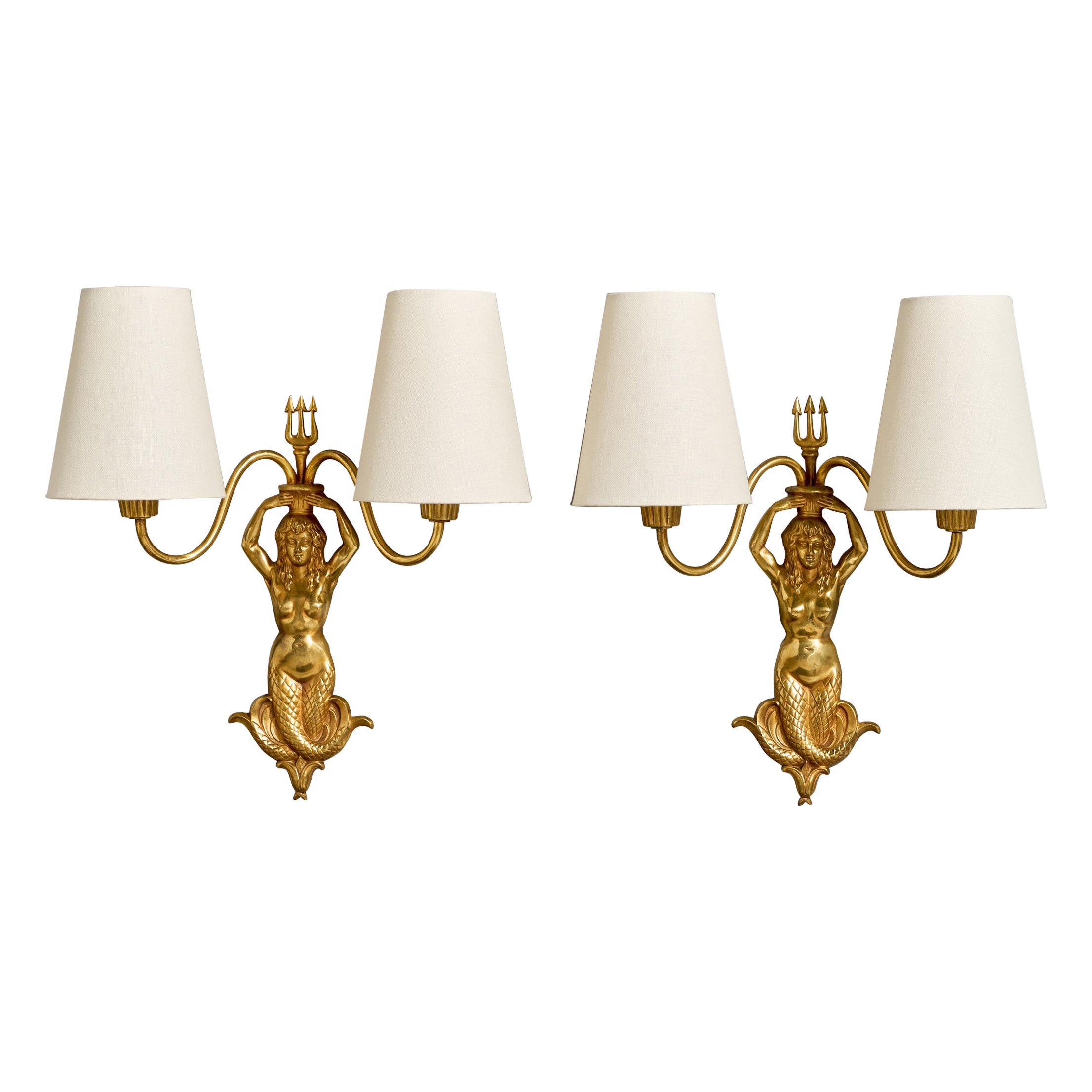 French Designer, Wall Lights, Brass, Fabric, France, 1950s For Sale