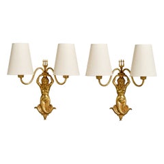 French Designer, Wall Lights, Brass, Fabric, France, 1950s