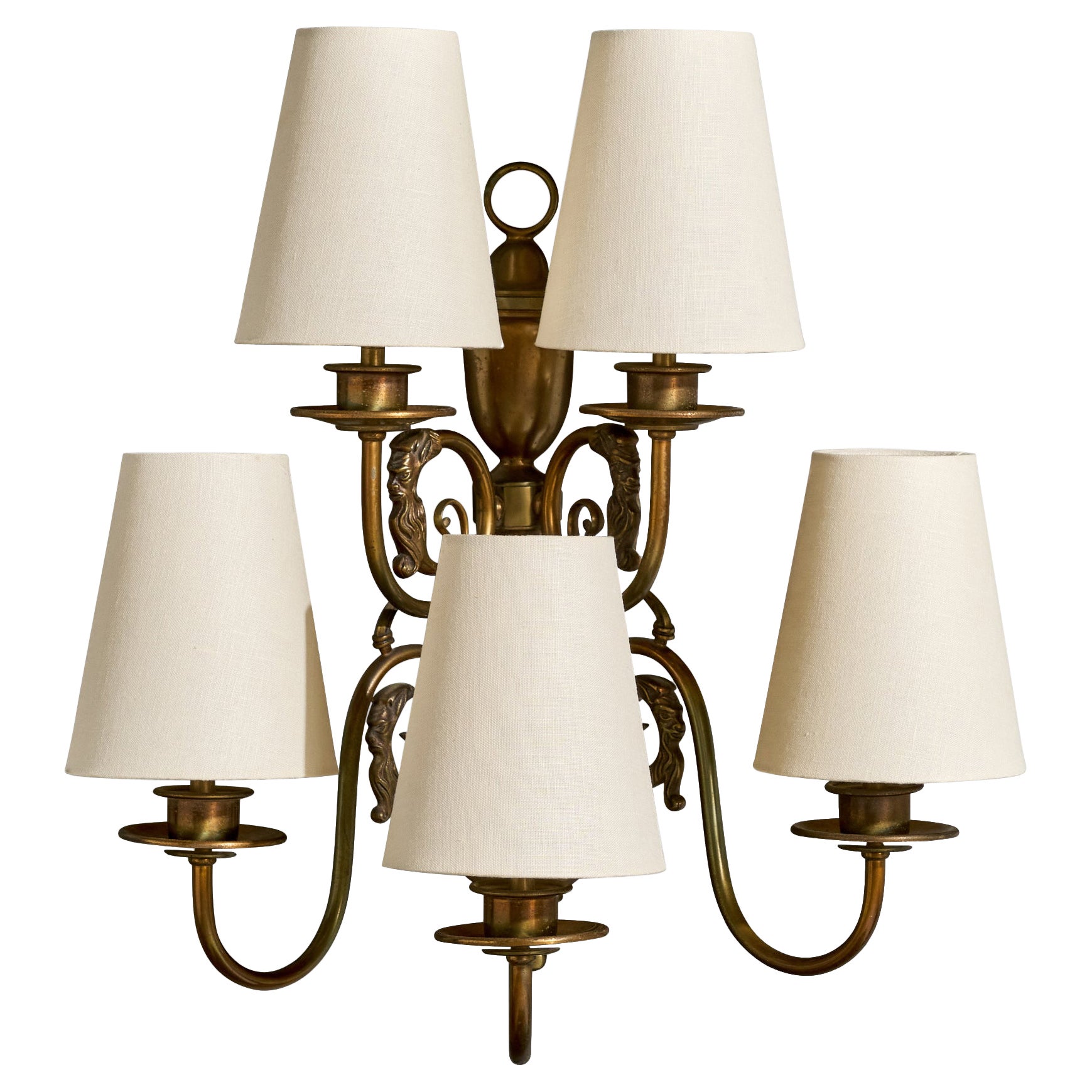 French Designer, Wall Light, Brass, Fabric, France, 1950s