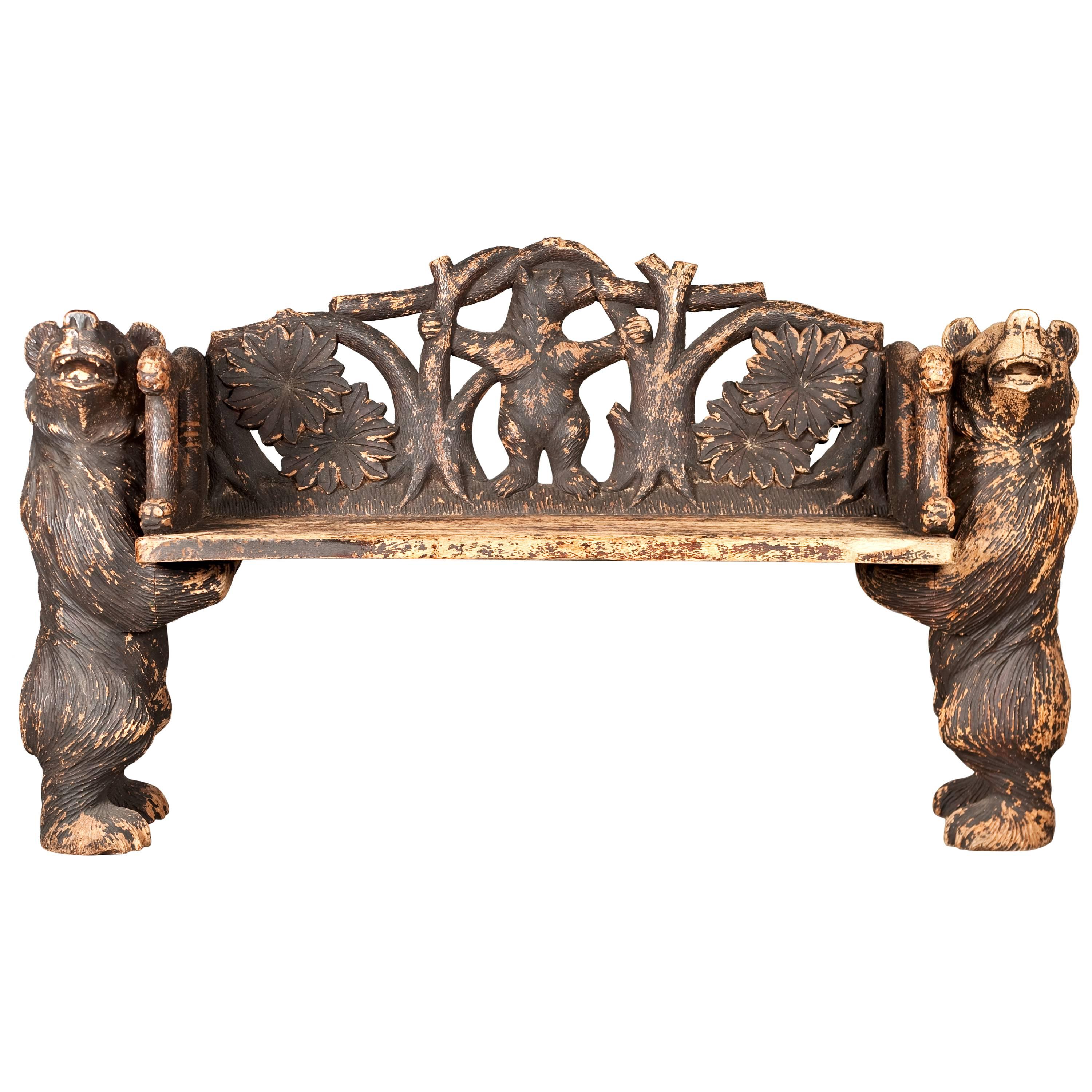 Carved Wood Black Forest Bench