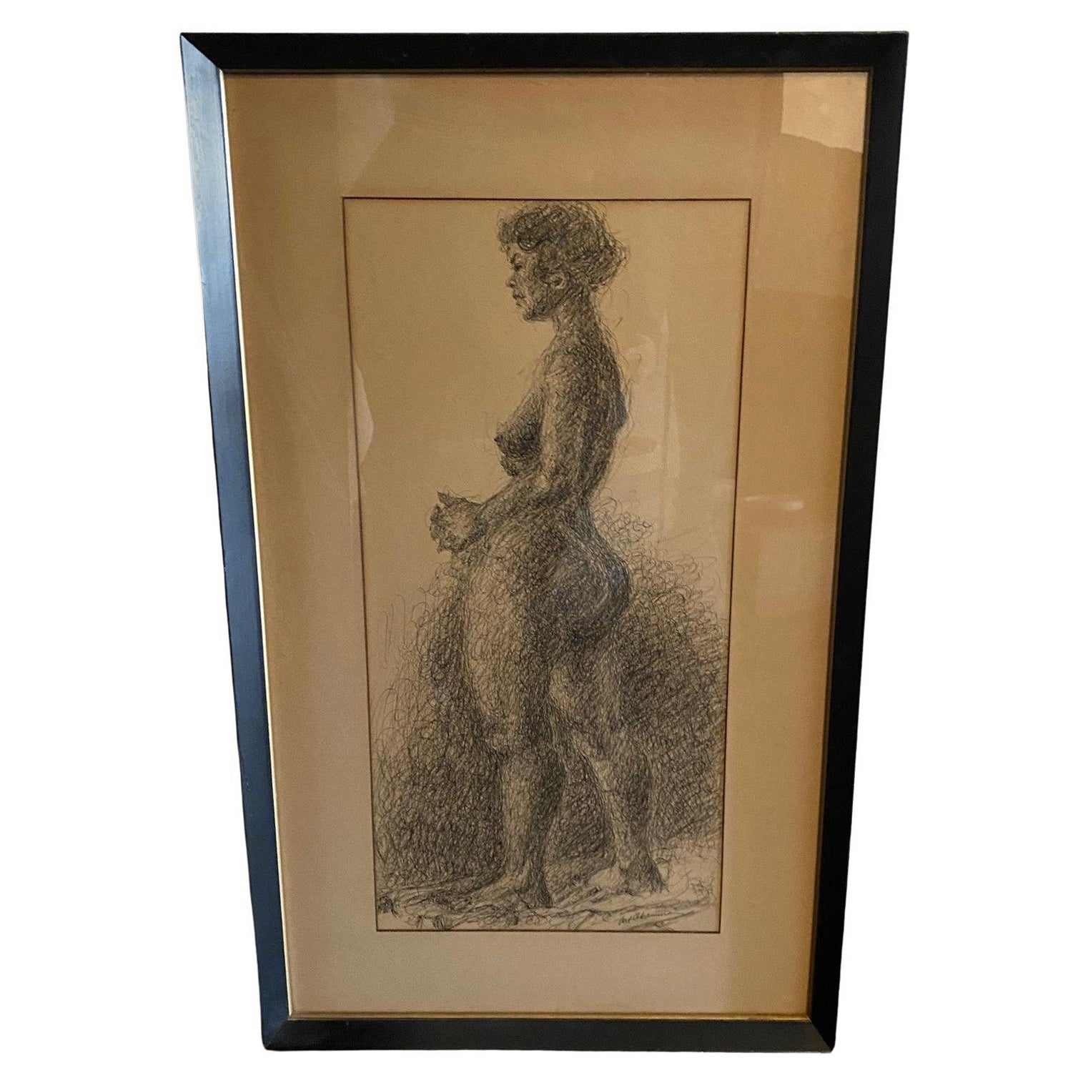 Arthur Okamura ha firmato un disegno originale di ritratto di donna nuda con inchiostro su carta