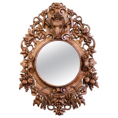 19th Century French Black Forest Carved Bleached Oak Wall Mirror with Boar Head