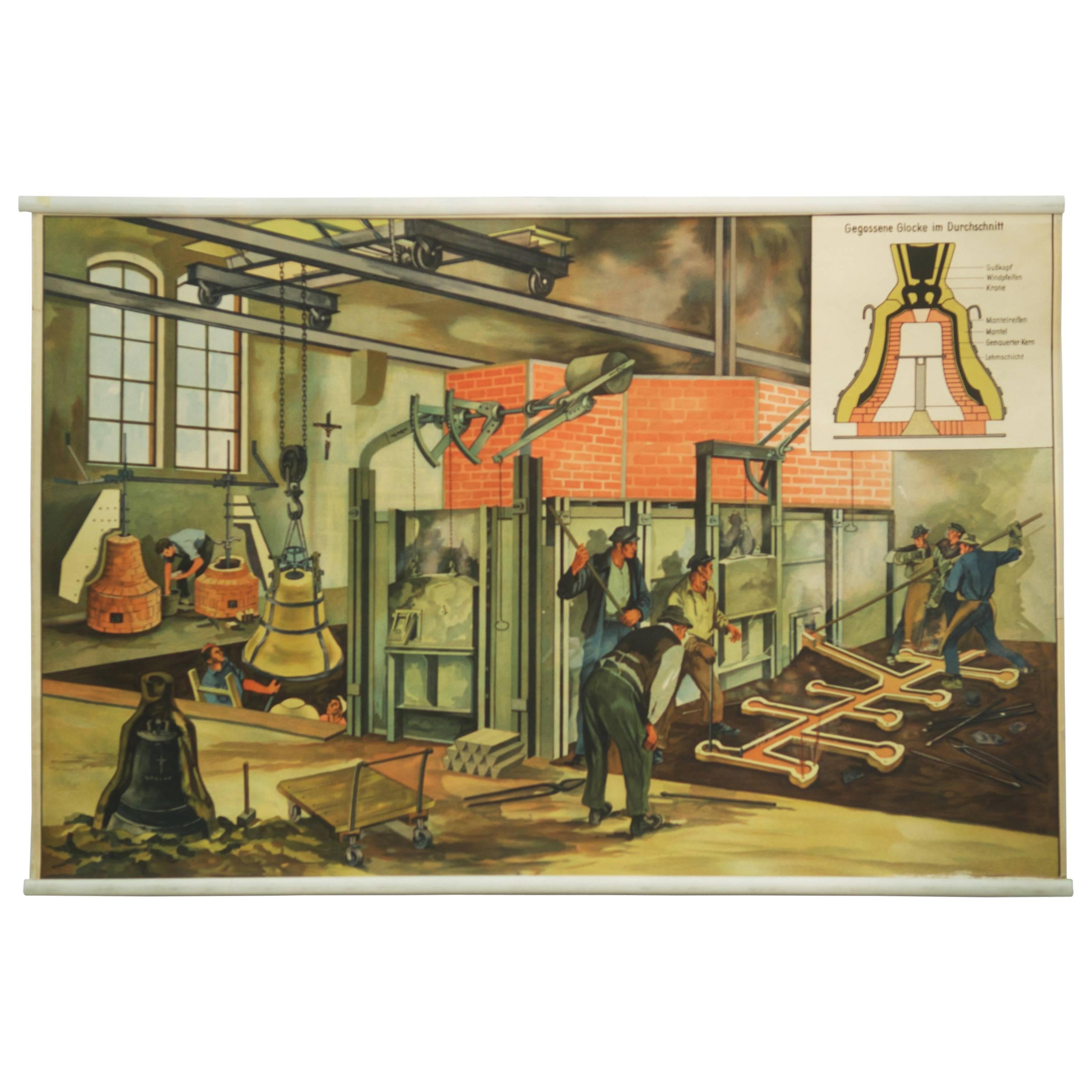 German School, Teaching Chart, Poster "Bell-Foundry"  For Sale