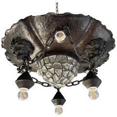 Antique & Large Wrought Iron and Chunky Glass & Lion Sculptures Flush Mount 1910